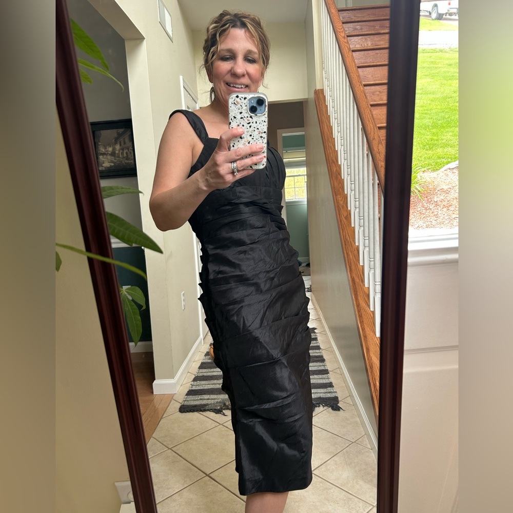 Bill Levkoff Black Ruched Bodycon Silk Ruffle Minidress; size 12
